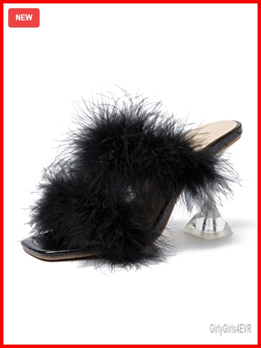 Women's Square Toe Fuzzy High Clear Heel Mules Sandals - Fluffy Feather Party